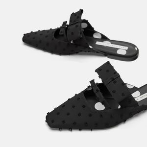 Zara Trafaluc black dotted mesh top bow mules 6.5